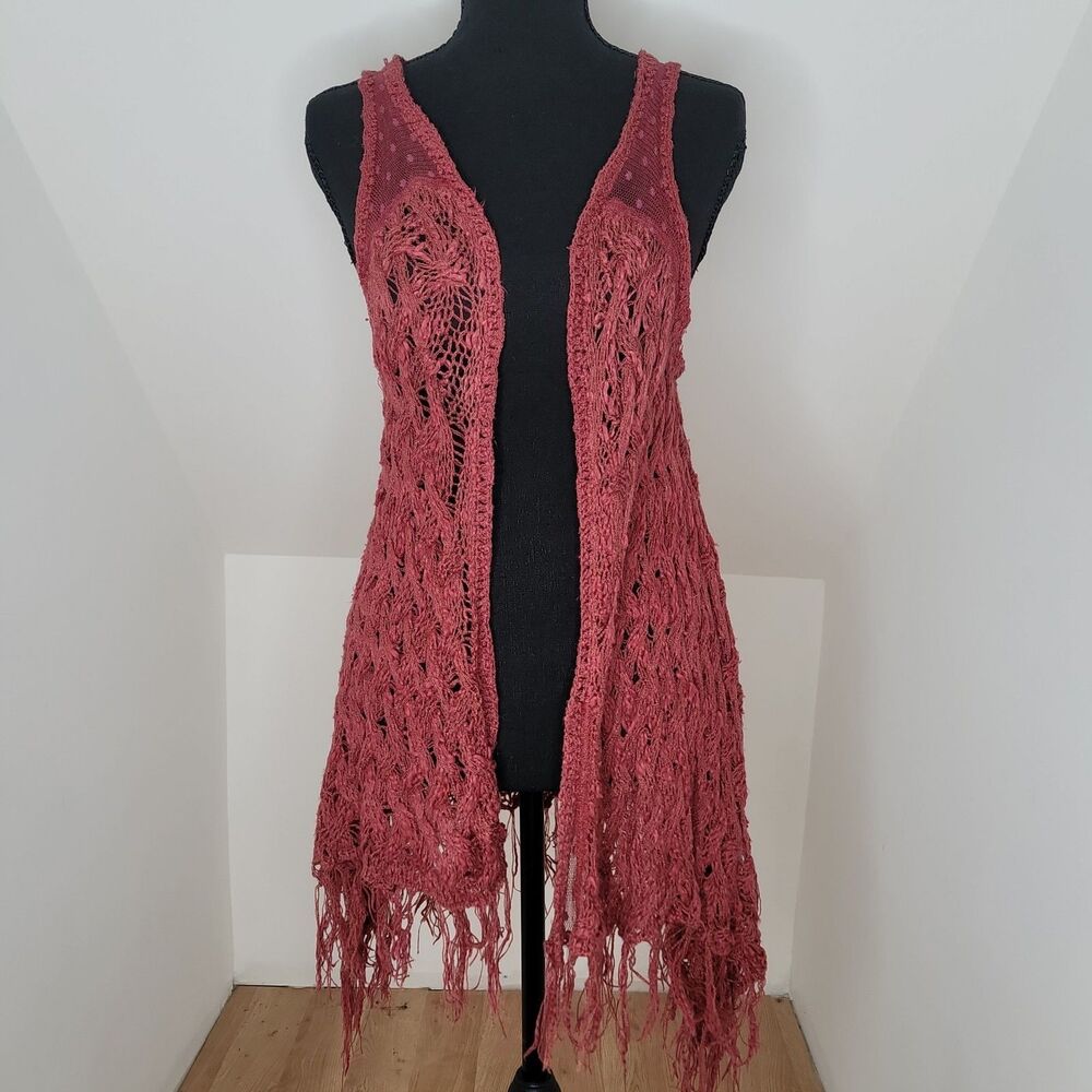 En Creme Crochet Lace Vest S Rust Red Open Front Fringe Asymmetrical Boho Y2K